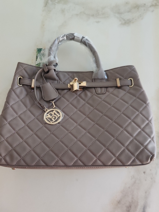 Badgley Mischka Handbags - Badgley Mischka Quilted Taupe Satchel with Gold Hardware